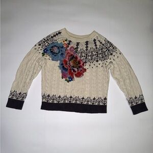Anthropologie Cream and Black Floral Sweater Medium